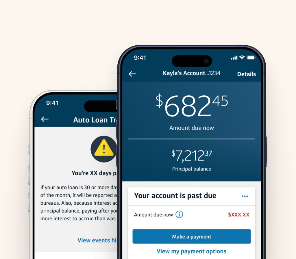 Mobile mockups showing past-due account overview and payment actions in Capital One servicing flows