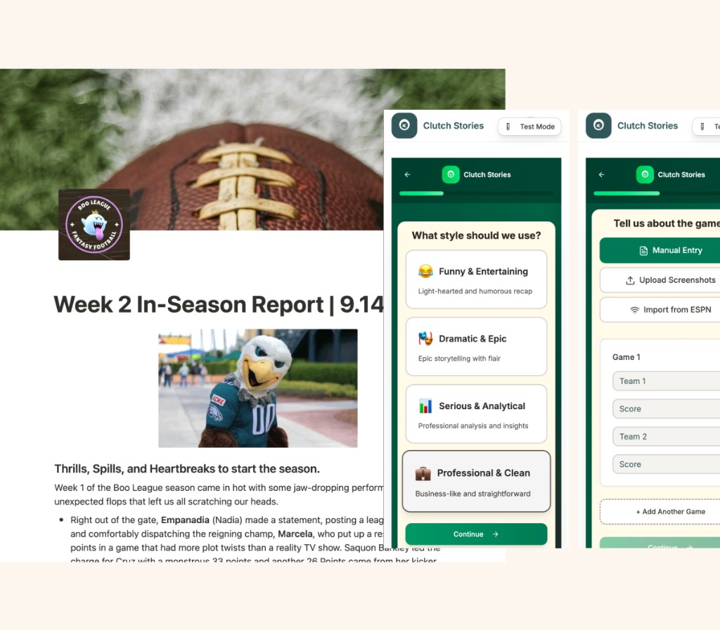 Story style picker, game data entry screens, and generated league report preview