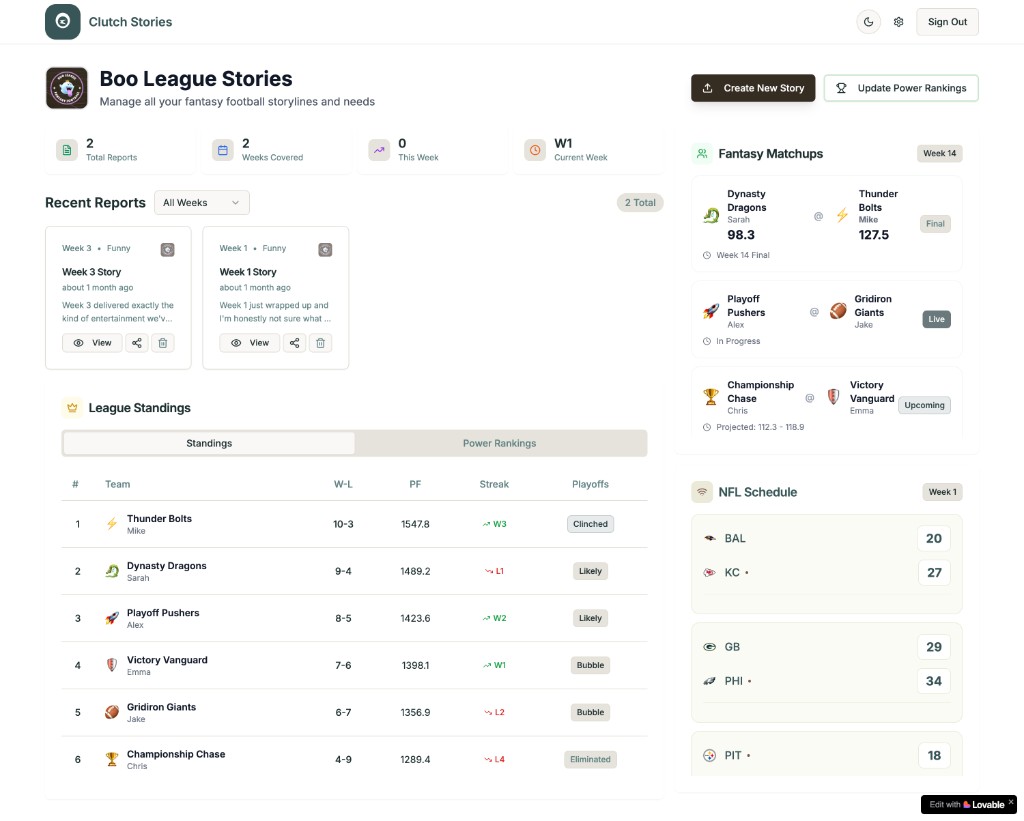 Desktop dashboard with reports, standings table, matchups sidebar, and NFL scores