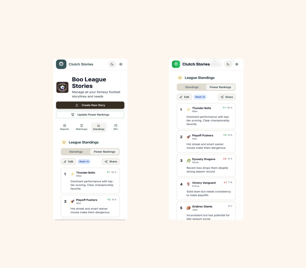 Two mobile screens showing league hub and standings list with storyline blurbs