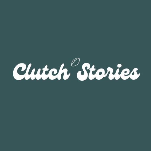 Clutch Stories logo mark — script wordmark with football icon on forest green