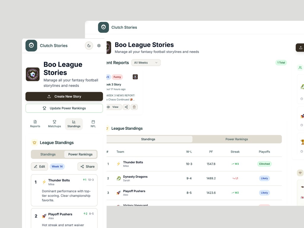 Clutch Stories mobile and desktop layouts showing league dashboard and standings