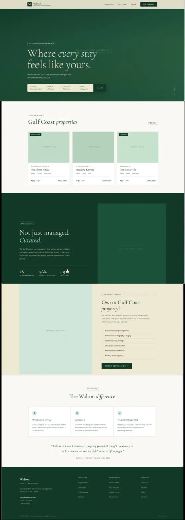 Walton Property Management website — hero, property cards, owner section, and footer on forest green and cream